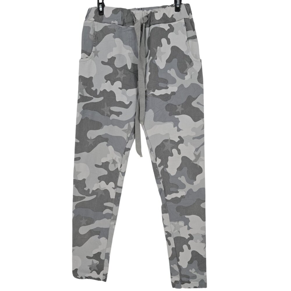 Brand Bazar Womens Small Pants Gray Camo Star Print Drawstring Waist